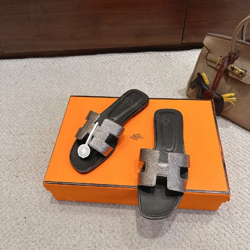 View 10 of Silver Hermès-Style H Sandals, Metallic Strappy Slide, Luxury Open Toe Slide