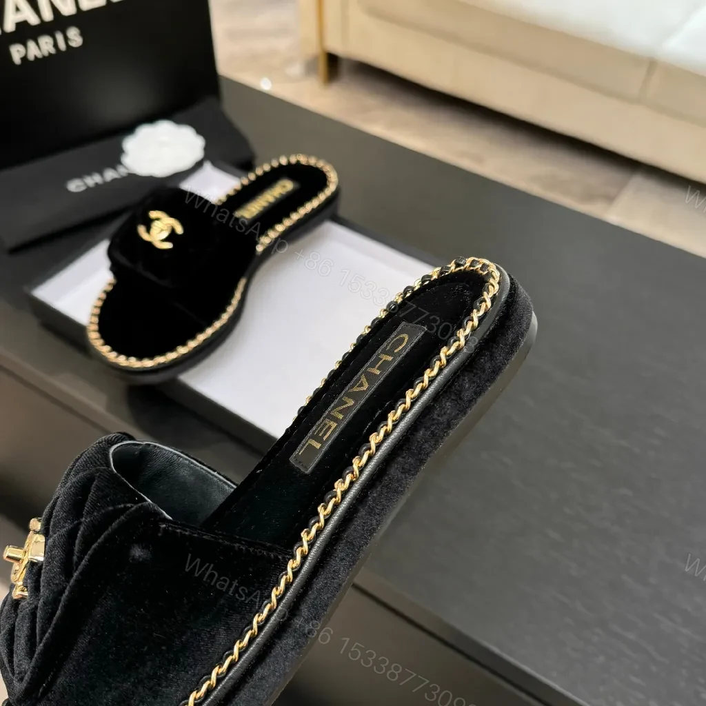 View 8 of Velvet Black Slide-Ons with Chain Trim, Luxe Casual Comfort