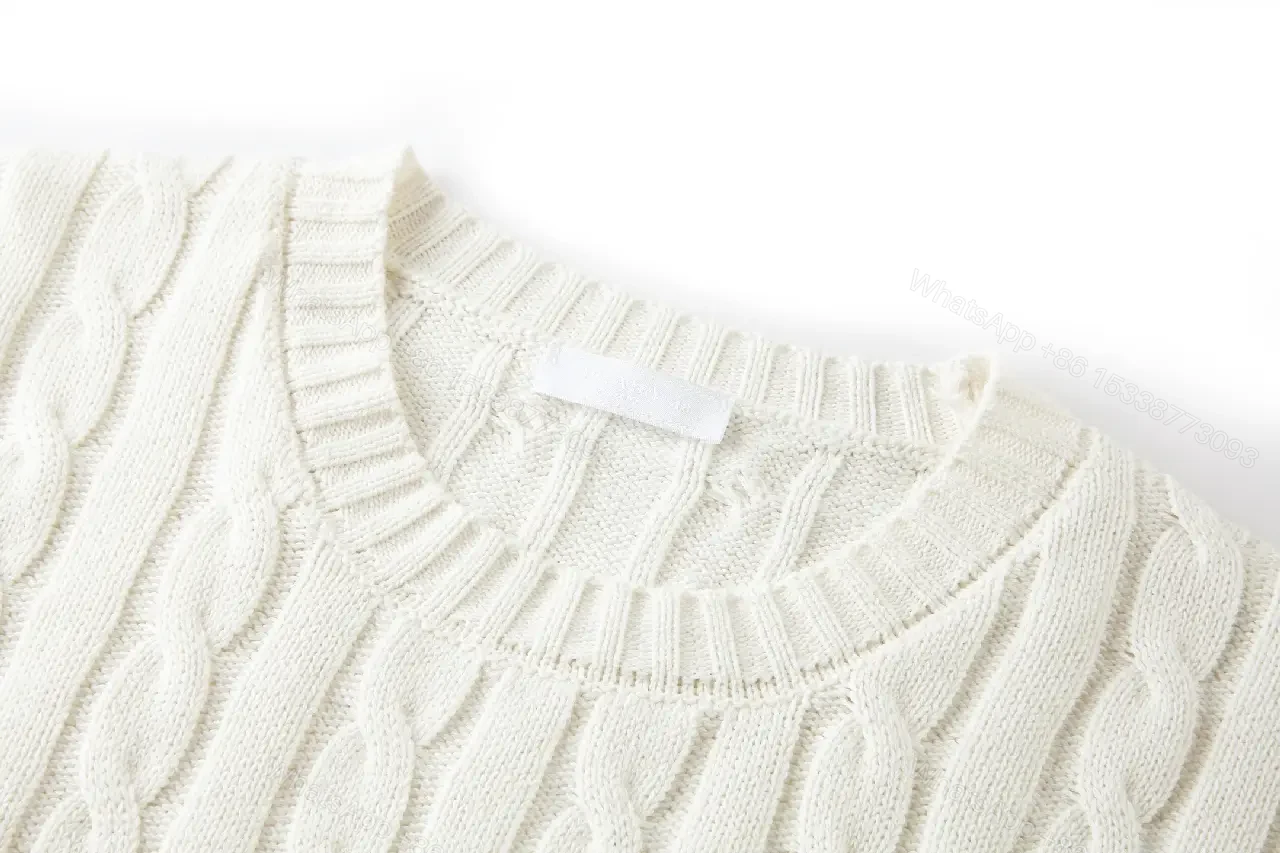 View 8 of Off-White Cream Cable-Knit Crew Neck Sweater with Logo Emblem