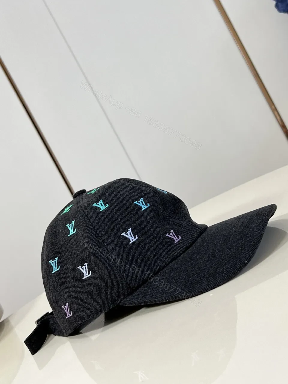 View 3 of Denim Cap with Multicolor Monogram Accent, Unisex