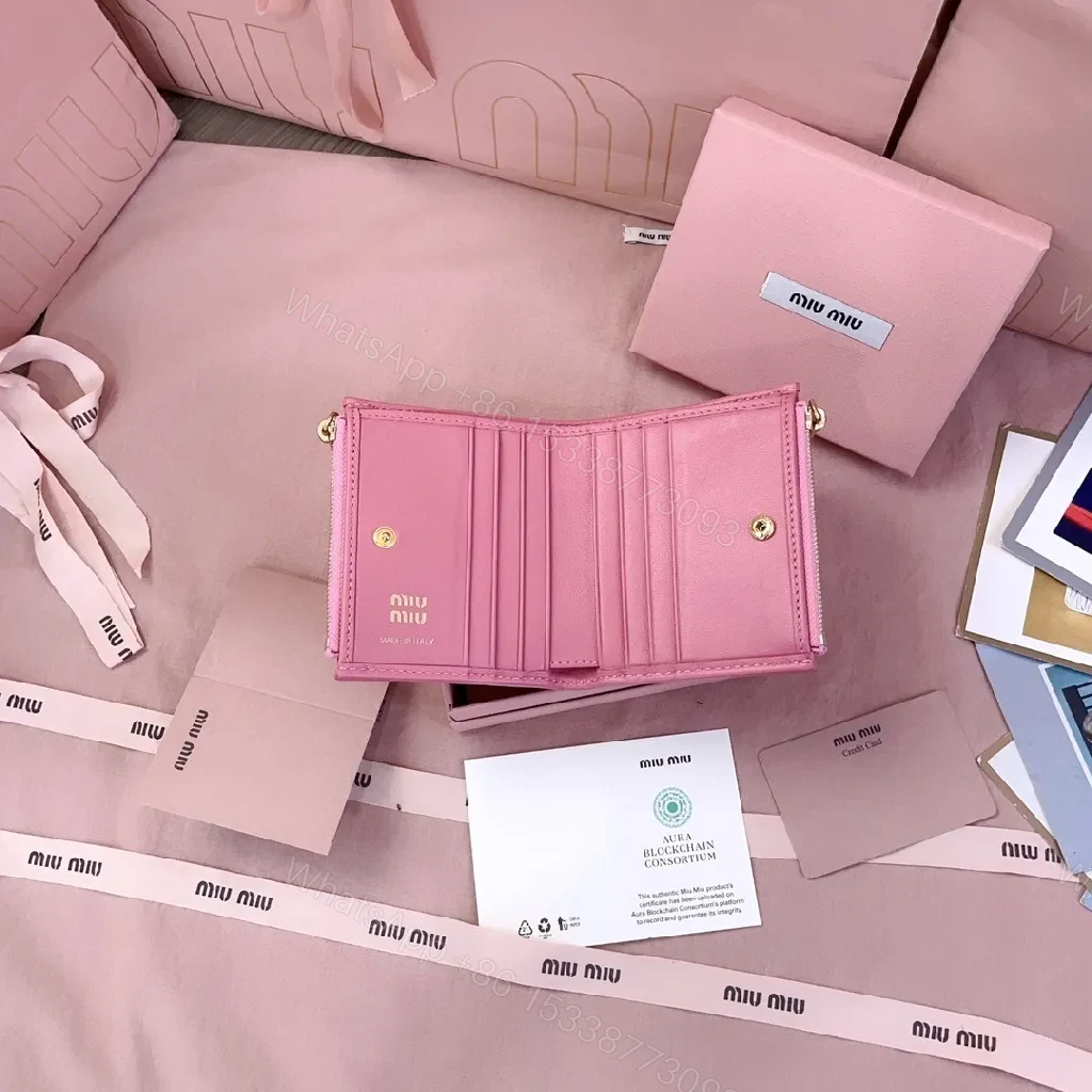 View 6 of Quilted Pink Wallet with Gold Logo – Luxe Bi-fold Wallet