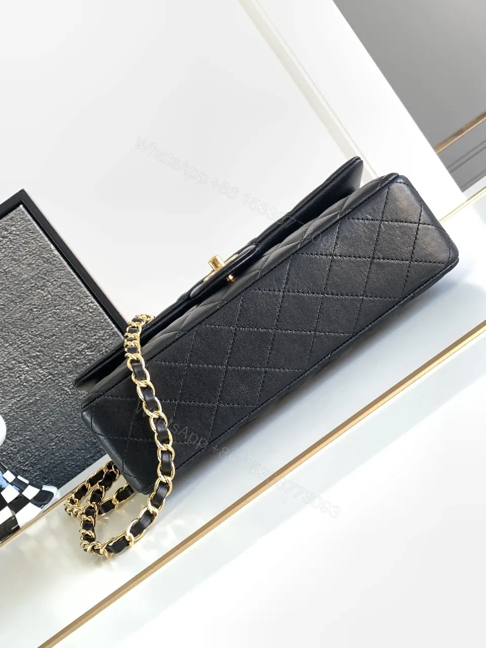 View 3 of Chic Quilted Black Leather Flap Bag with Gold Chain
