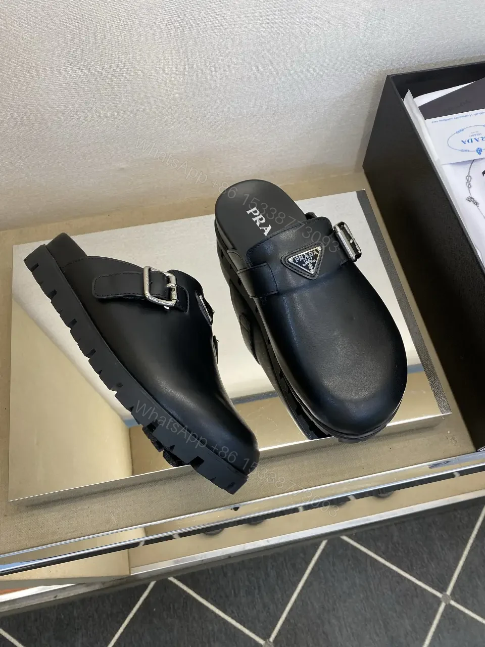 View 8 of Black Leather Slip-ons Mens Prada Style Buckle Sandals