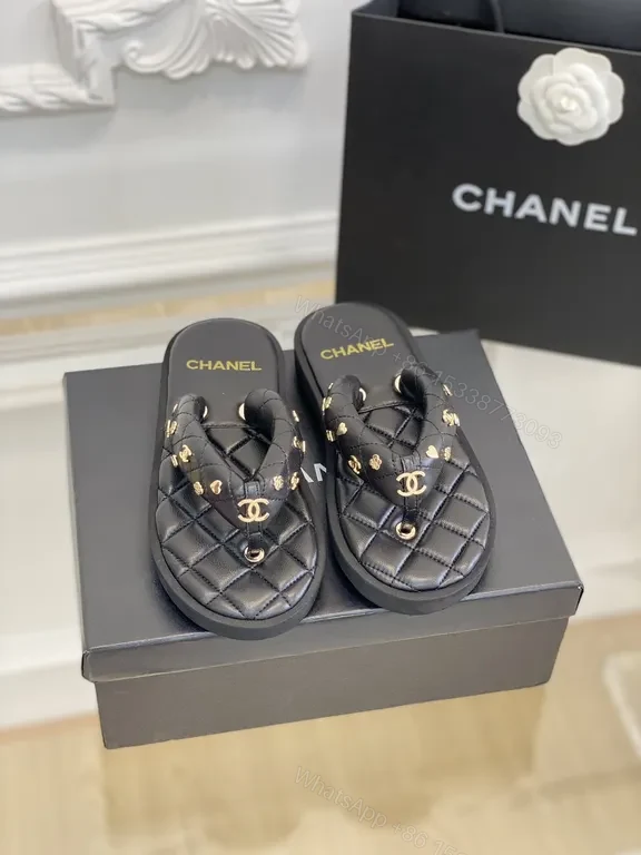 View 7 of Quilted Leather Chanel-Style Slides with Gold Logo Accents