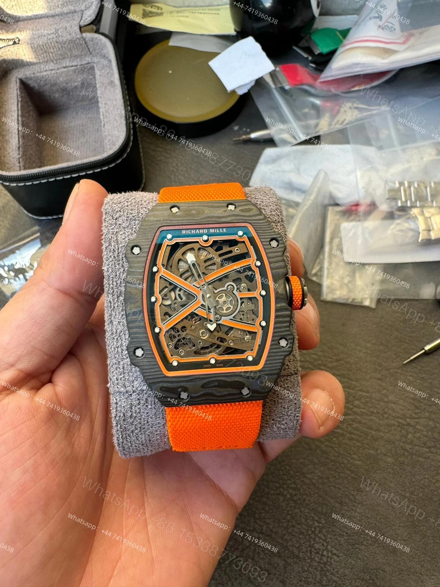 View 2 of Super Clone Richard Mille RM67-02 Carbon TPT Skeleton Tourbillon 1:1 Replica Watch with Orange Strap