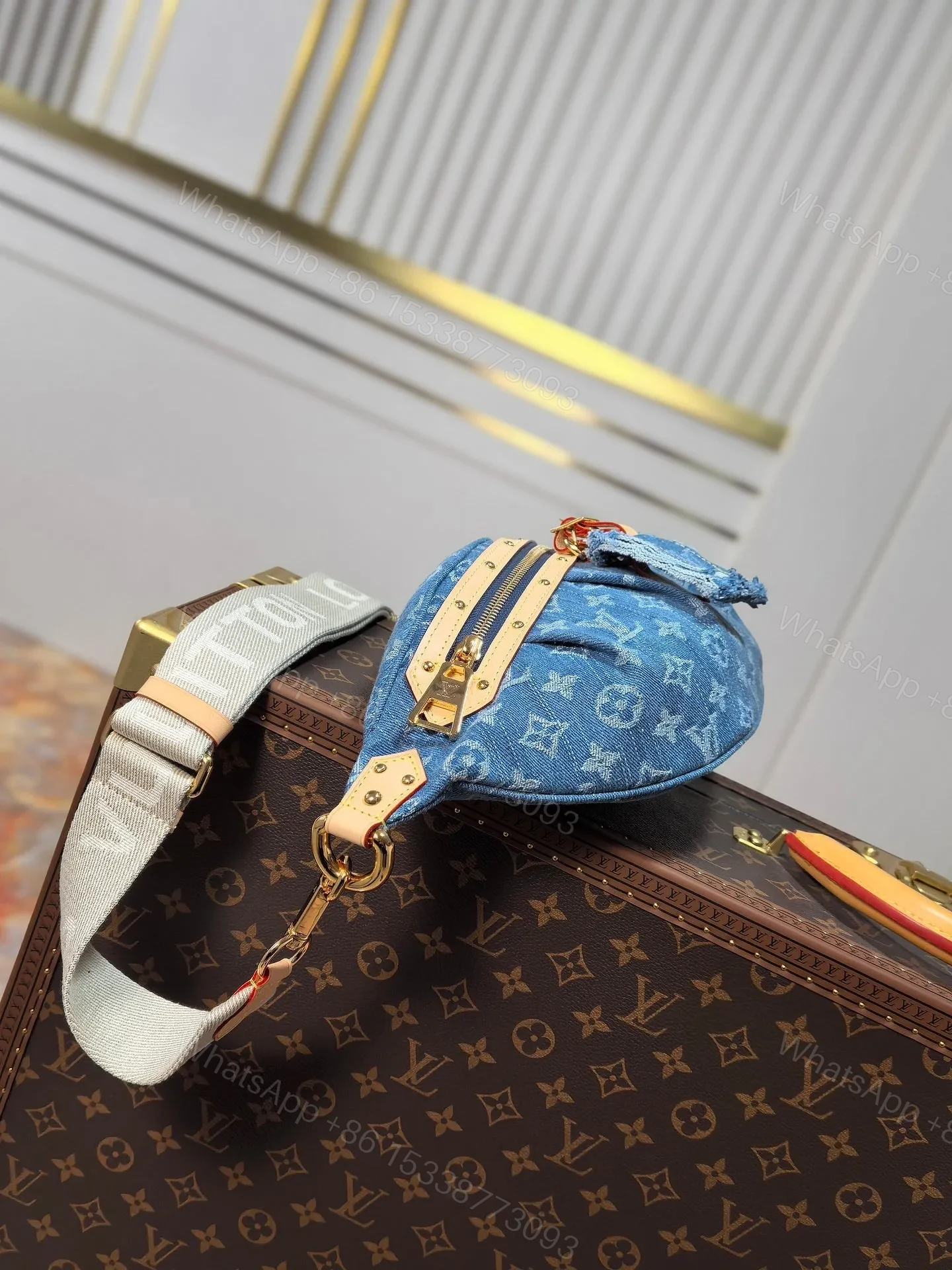View 4 of LV 25S BUMBAG 38 IN BLUE MONOGRAM DENIM LEATHER TRIM GOLD HARDWARE