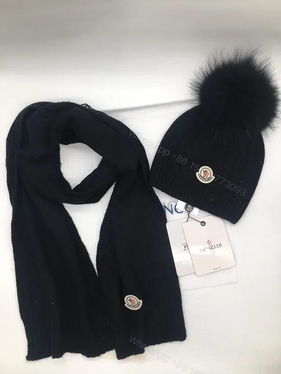 View 6 of Moncler Olive Knit Scarf & Beanie Set â€“ Premium Cable Knit with Faux Fur Pom
