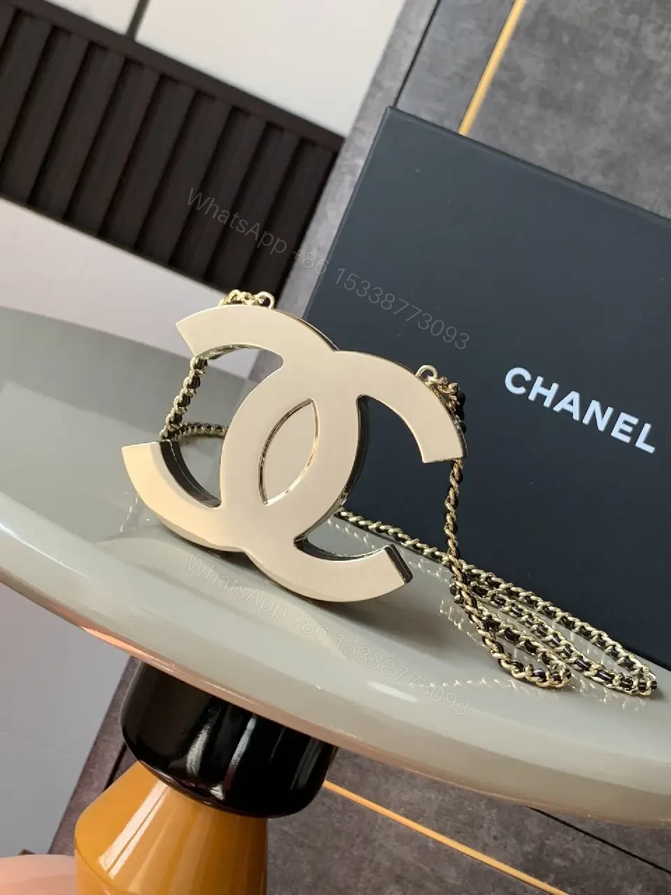 View 5 of Gold-Tone Logo Necklace Set with Chainmail Detail
