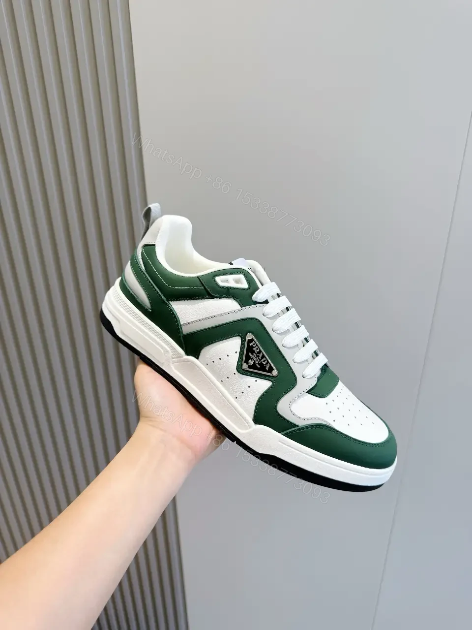 View 9 of Green Leather Runner Sneaker with White Laces Prada Style Sneakers