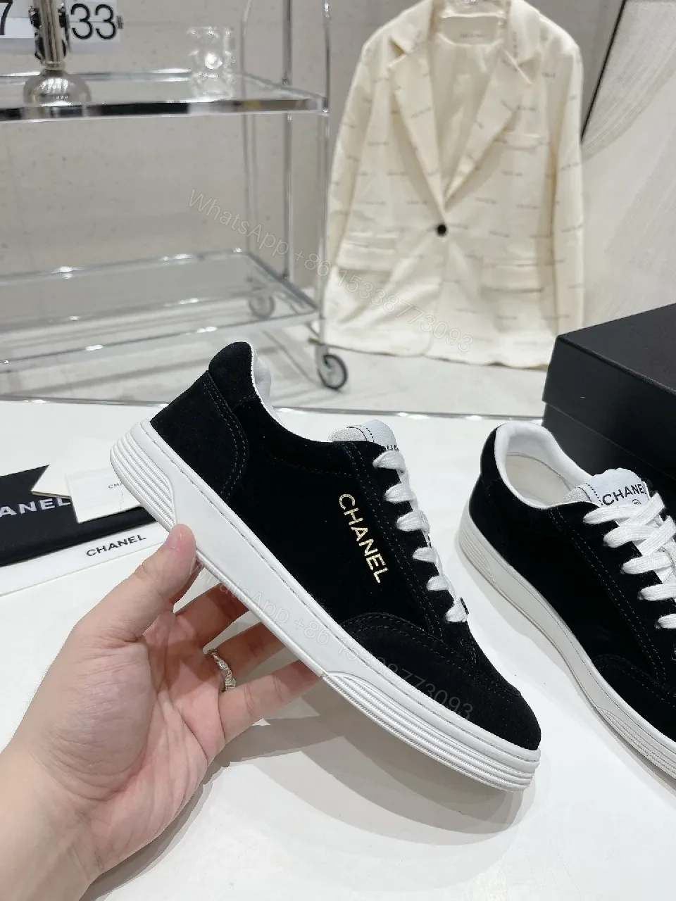 View 8 of Black & White Suede Leather Sneakers - Subtle Logo Details, Everyday High-Tops