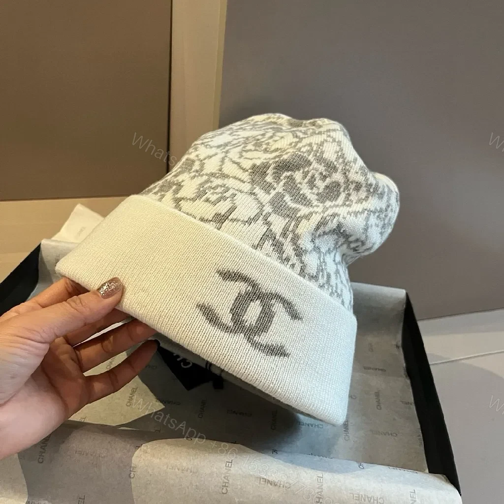 View 2 of Patterned Knit Beanie Set – Lace Motif, Signature Logo, All-Season Luxury
