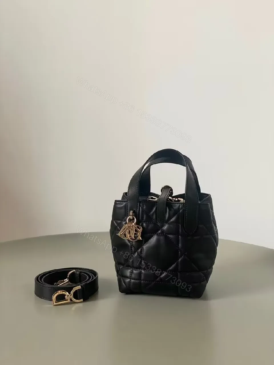 View 5 of Quilted Black Leather Mini Tote with Gold Hardware