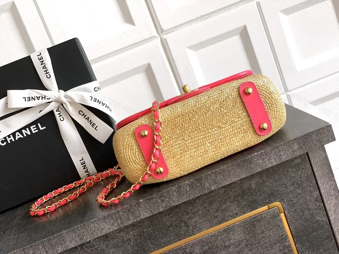 View 8 of Pink Trim Straw Bag with Chain Accent Compact Everyday Luxe