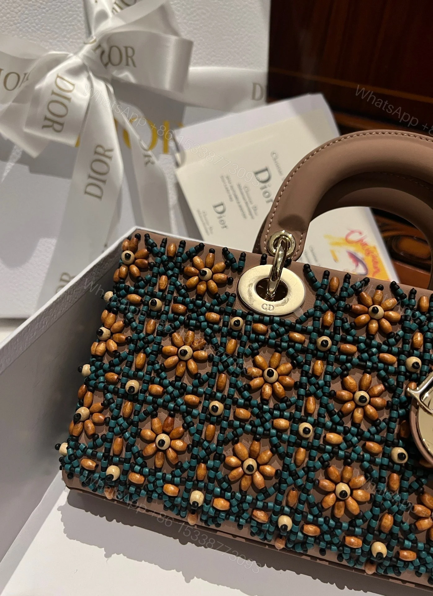 View 6 of Dior D-Joy Medium Handbag With Beaded Pattern Like Auth 26cm