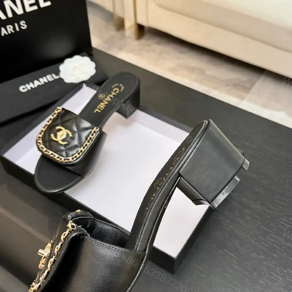View 8 of Black Calfskin Mules with Gold Chain Link Accent - Open-Toe Block Heel