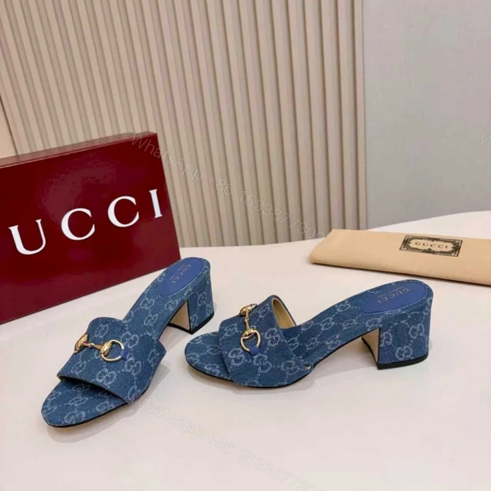 View 3 of Gucci Women Slide Sandal With Horsebit Blue GG Denim 854882 FAFGT 4746