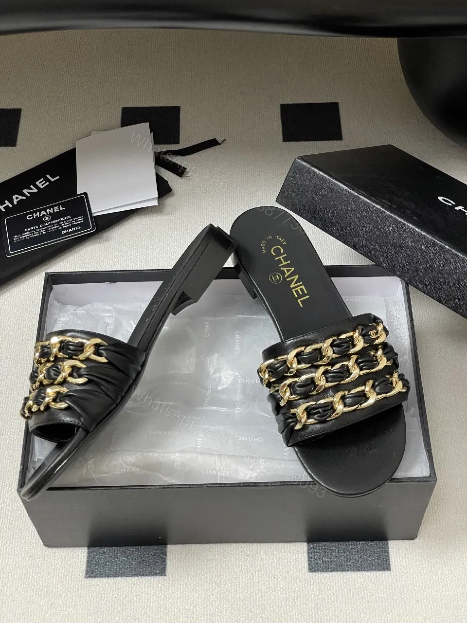 View 2 of Black Leather Slide with Gold Chain Detail – Luxury Everyday Comfort