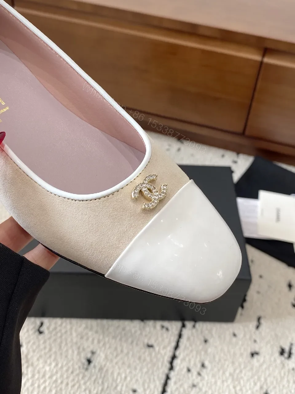 View 8 of Beige Suede Ballet Flats with White Cap Toe and Logo Hardware