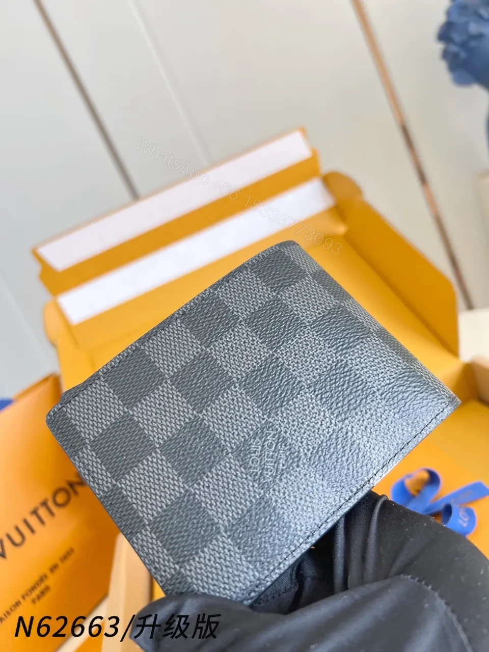 View 4 of Patterned Leather Wallet: Luxury Checkerboard, Slim Currency Holder