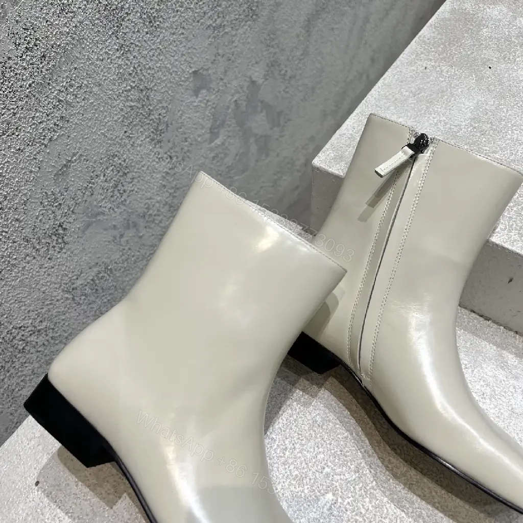 View 7 of Off-White Leather Ankle Boots with Square Toe and Zipper