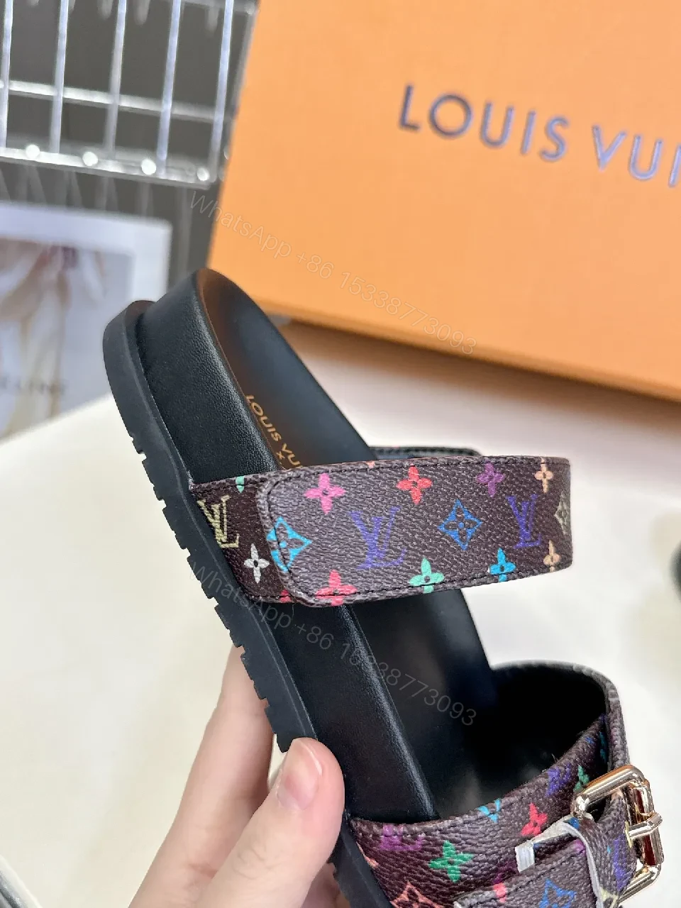 View 9 of Multicolor Monogram Slides with Velcro Straps