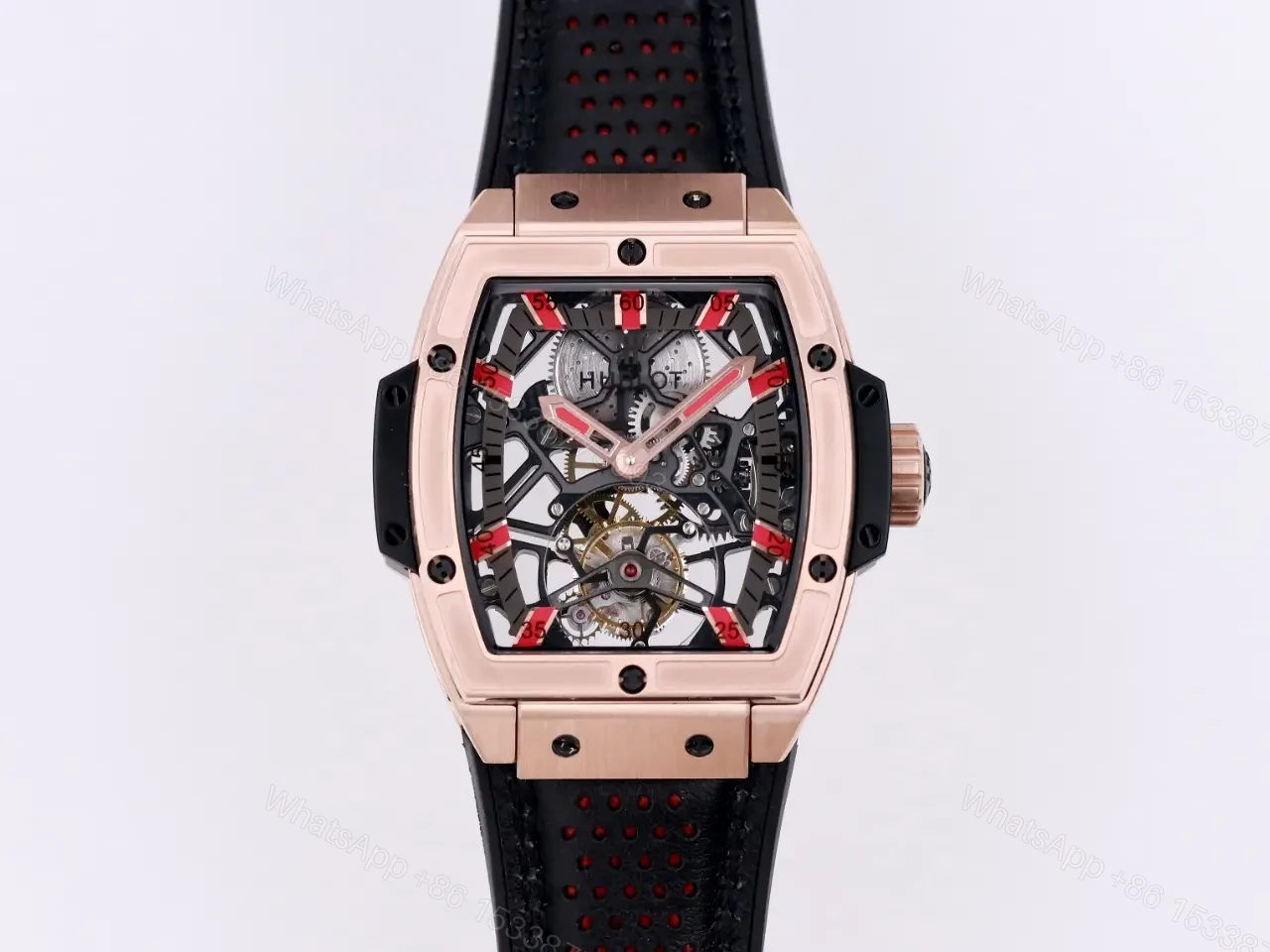 Hublot Masterpiece Series 906 Tourbillon Watch Rose Gold/Platinum Black Leather Strap with Red Accents Sapphire Crystal — view 1