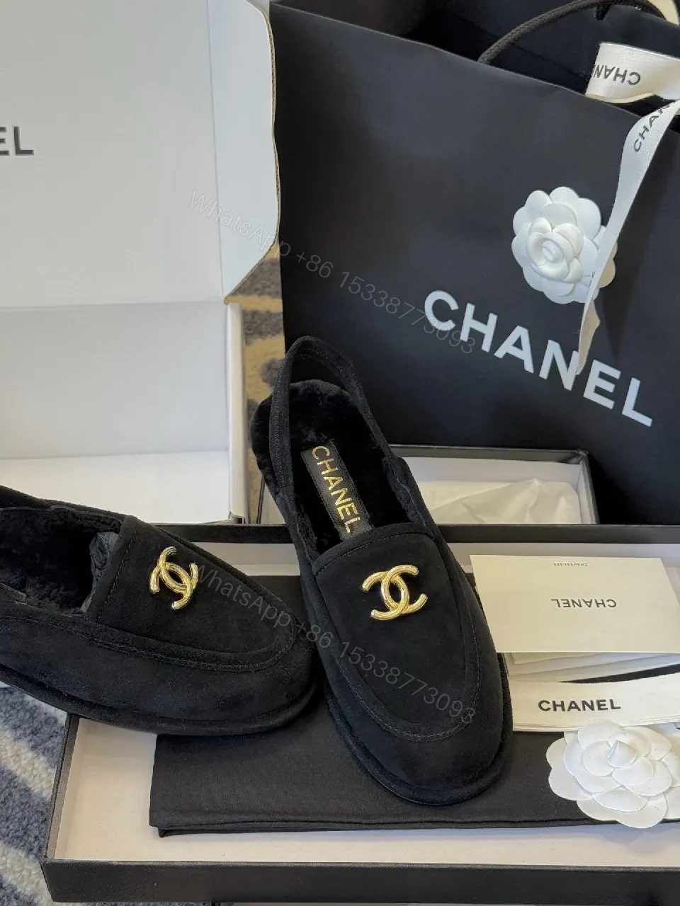 View 4 of Velvet Black Loafers with Gold Logo - Luxe Silhouette