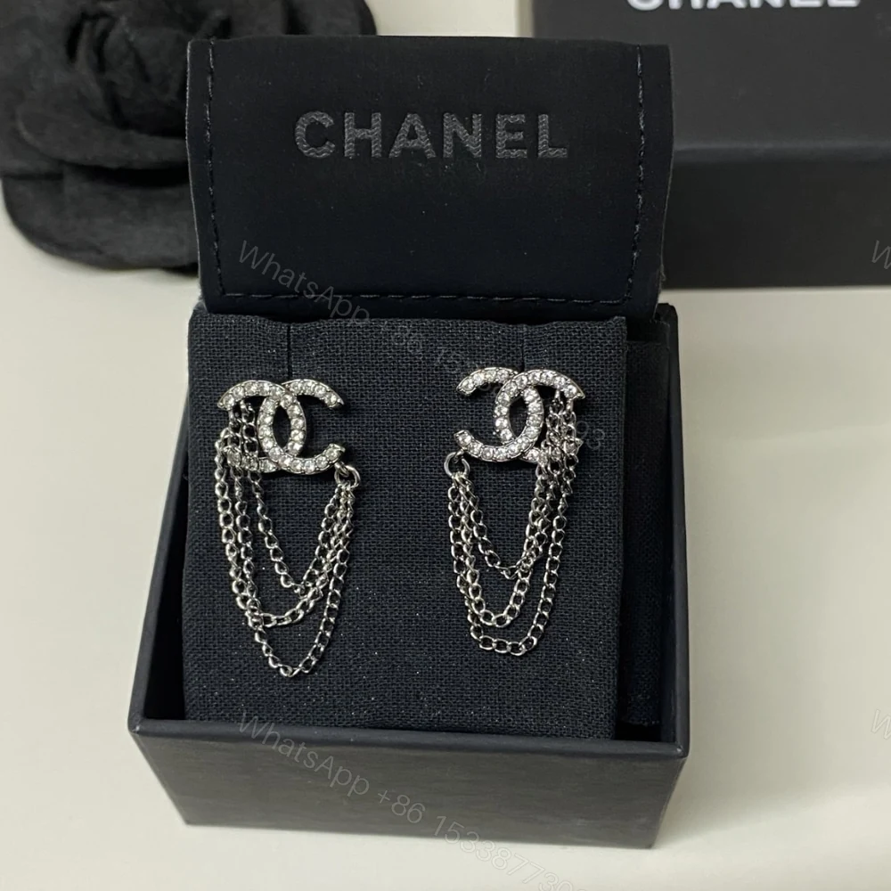 View 5 of CHANEL STUD EARRINGS WITH CRYSTAL AND MULTI CHAIN IN SILVER TONE