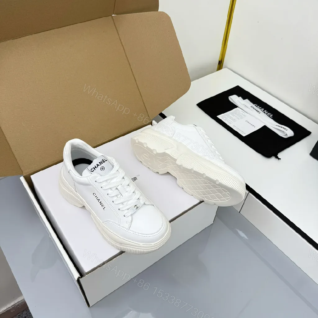 View 8 of White Leather Platform Sneaker with Subtle Chanel-Inspired Detail