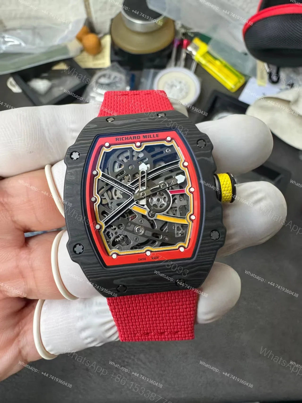 View 7 of Super Clone Richard Mille RM67-02 Carbon TPT Skeleton Tourbillon 1:1 Replica Watch with Red Strap