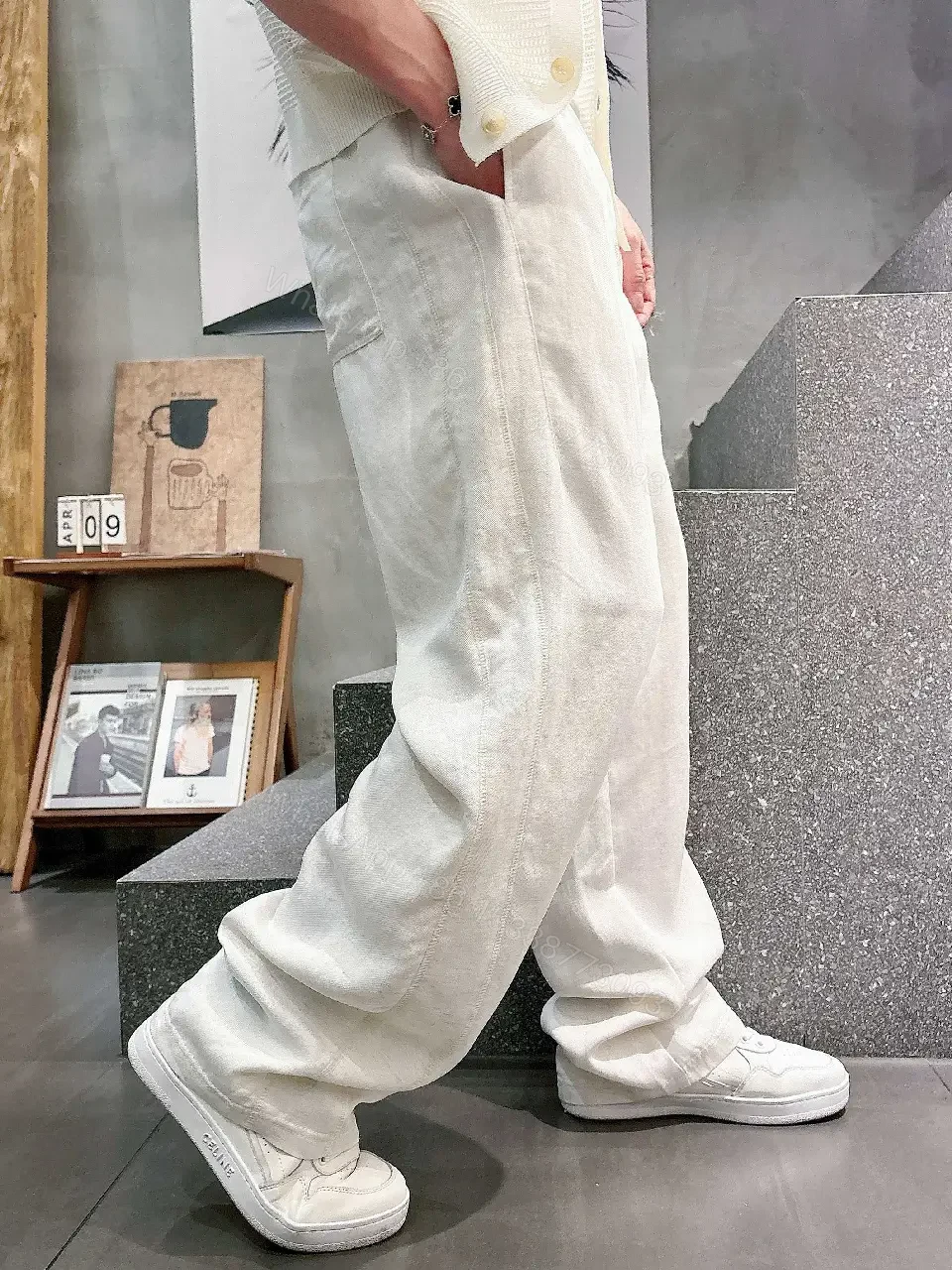 View 2 of Off-White Cream Linen-Look Wide-Leg Drawstring Pants