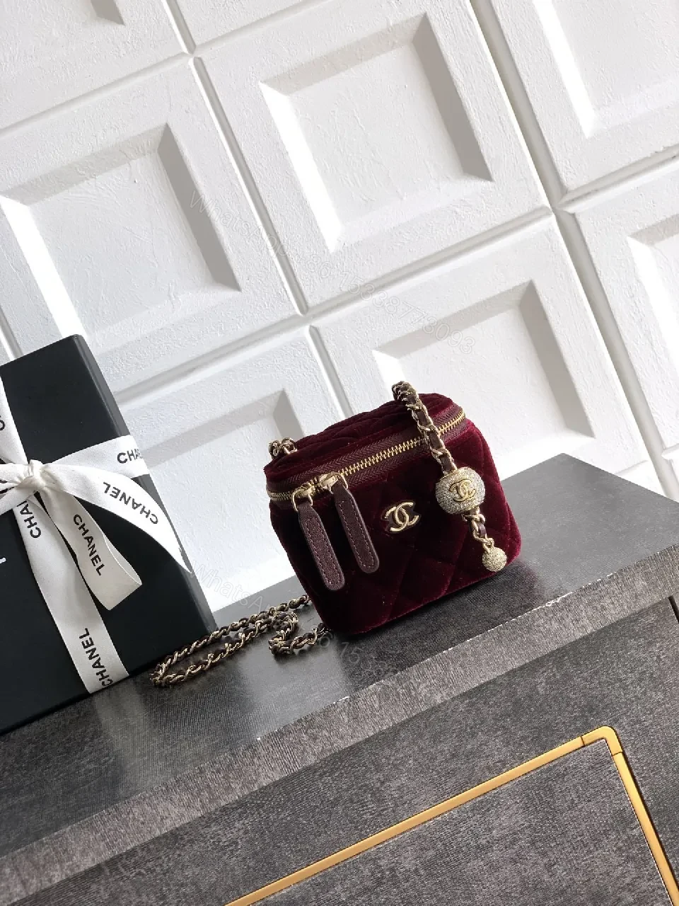 Burgundy Velvet Chain Bag with Gold Accents, Compact Luxury — view 1