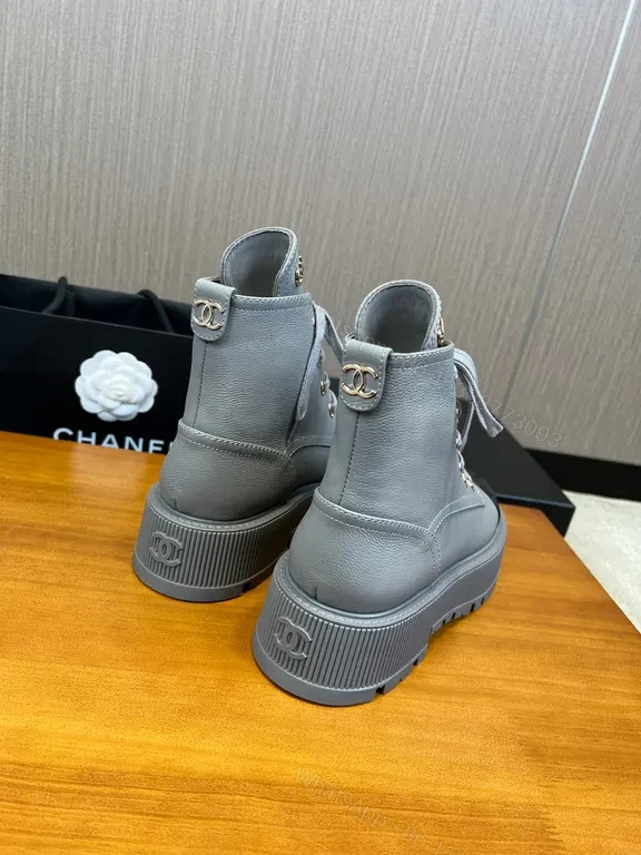 View 2 of Chanel-Inspired Gray Lace-Up Boots with Black Cap Toe