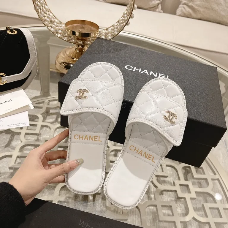 View 9 of White Quilted Slides with Gold Logo â€“ Couture-Inspired Sandals