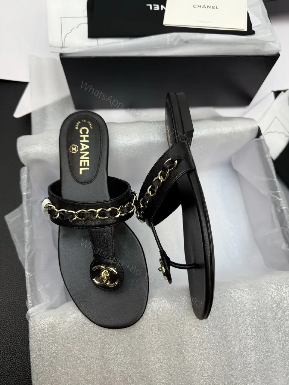 View 3 of Black Leather Chain Sandals, Gold-Tone Detail, Open-Toe, Comfort