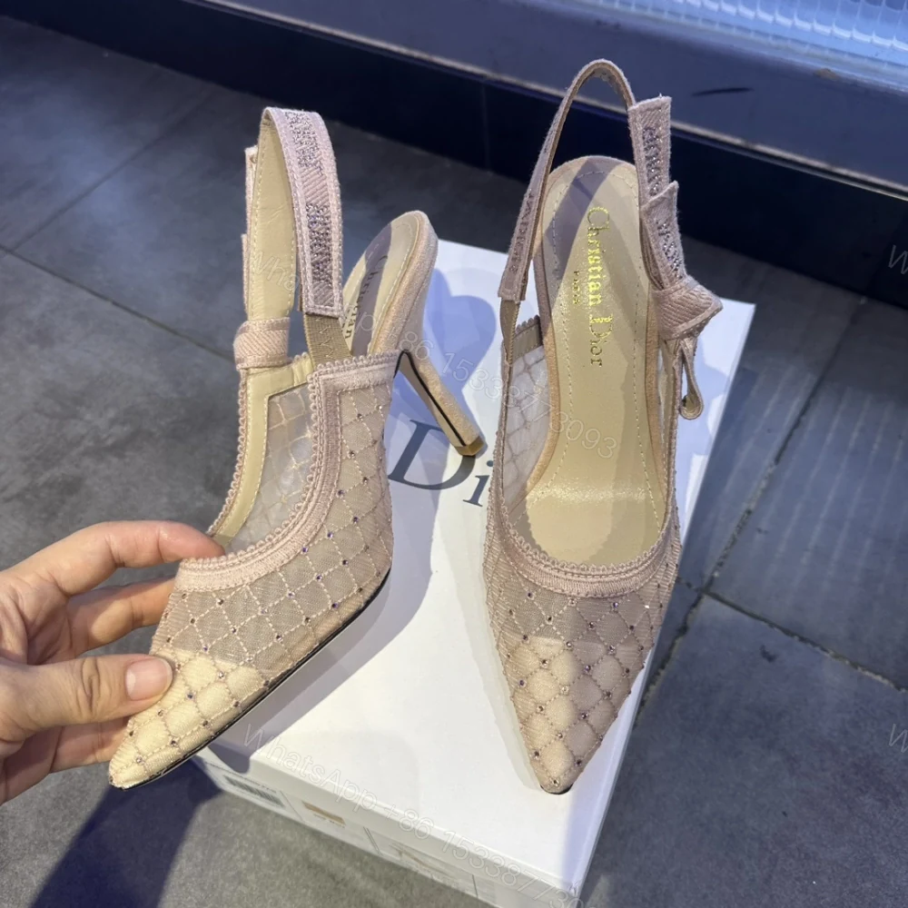 View 5 of 高仿Dior*JAdior系列KCV040尖頭露跟高踭鞋網面6.5CM粉色免檢版