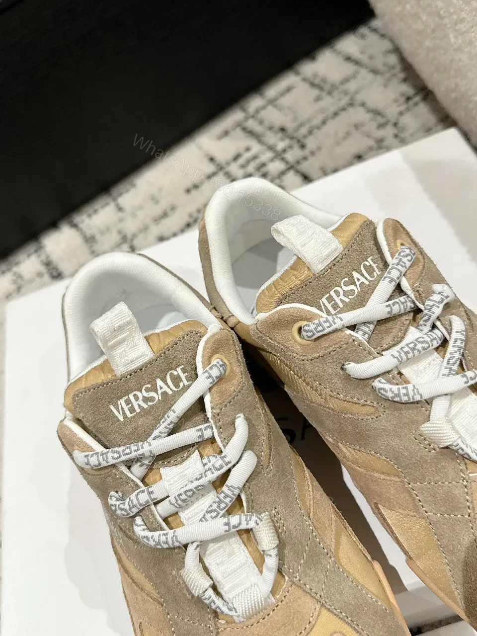 View 9 of Beige Suede-Mesh Low-Top Luxury Sneakers with Sculpted Details