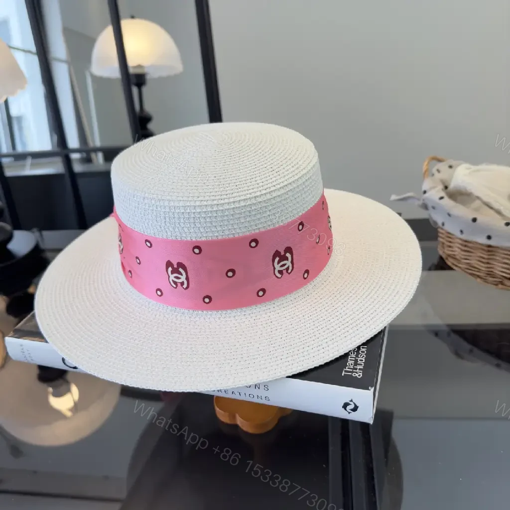 View 2 of White Silk Pink Scarf Band Straw Hat with Bow Chanel Logo