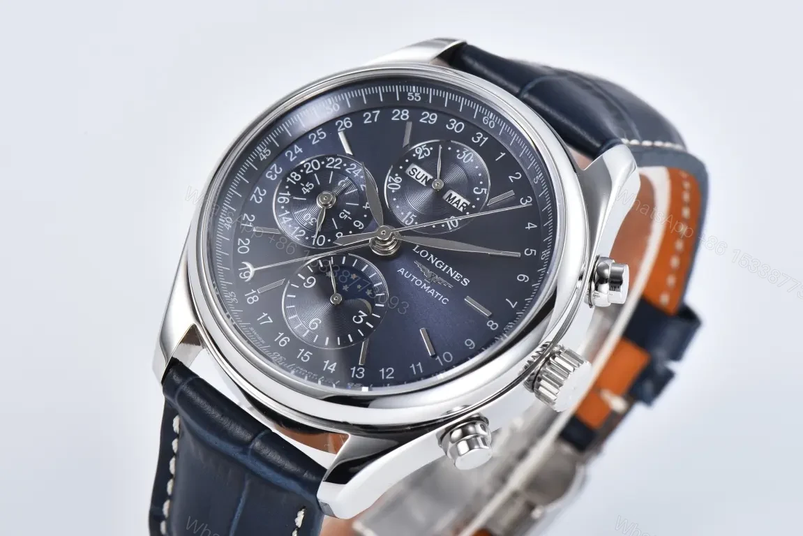 View 3 of Longines Master Collection Moonphase Chronograph Watch 42mm Blue Dial Stainless Steel Case Leather Strap
