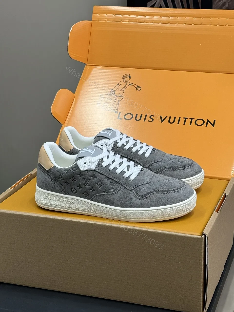 View 8 of Grey Suede Knit Sneakers - Subtle LV Texture, Cushioned Comfort