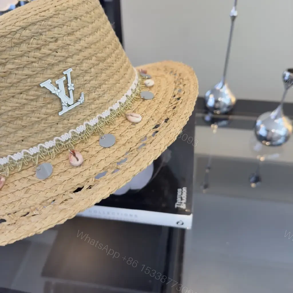 View 6 of Natural Beige Straw Boater Hat with Silver LV Charm, Chic Wide Brim