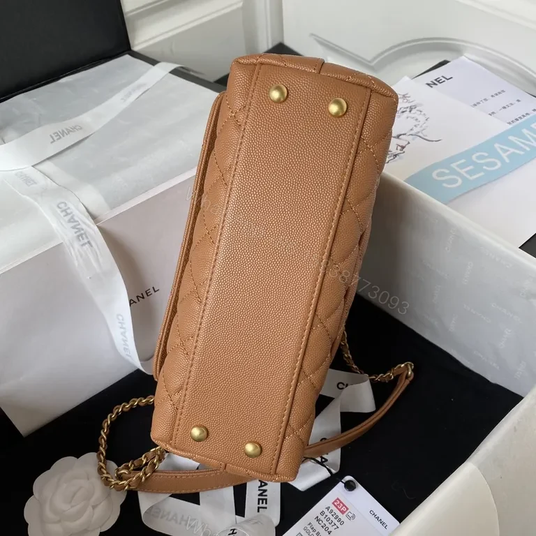 View 8 of Chanel-Inspired Quilted Mini Bag, Caramel Leather, Gold Chain, Versatile Carry