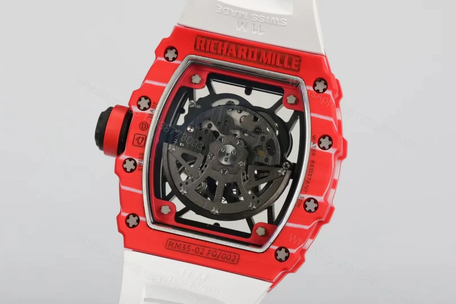 View 6 of Richard Mille RM35-02 Automatic Skeleton Watch Red Carbon Fiber Case White Strap RMAL1 Movement Premium Edition RM-RM35-02-RED-WHT-SKL