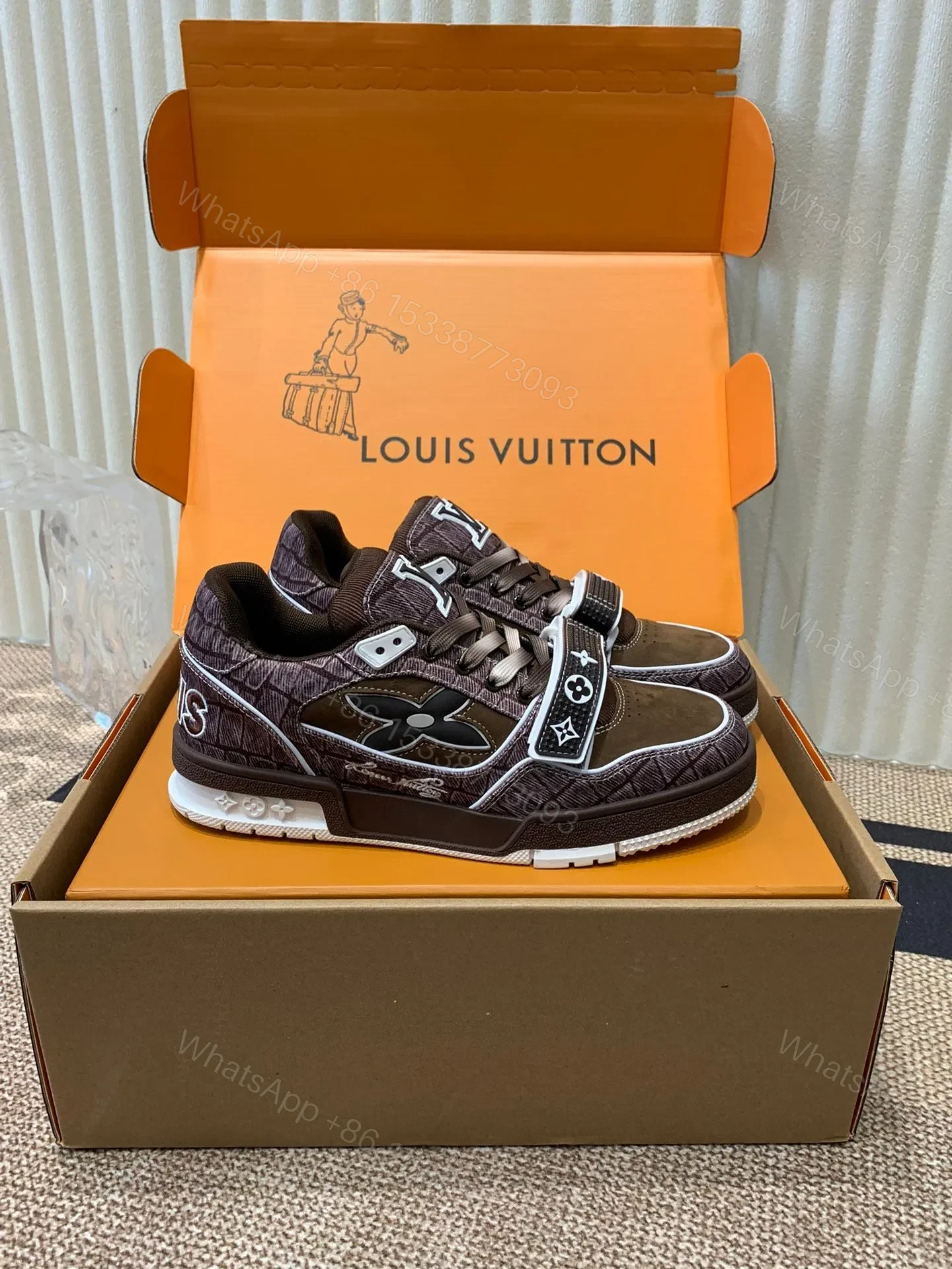 View 3 of LV Women Brown Suede Leather Sneakers