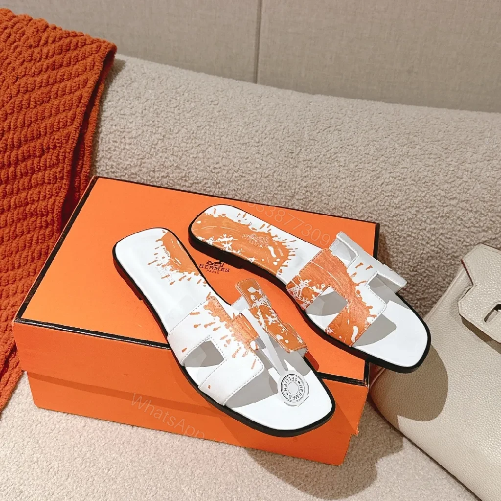 View 6 of Bold Orange-Accent White Leather Slides, Comfort-Chic Street Style