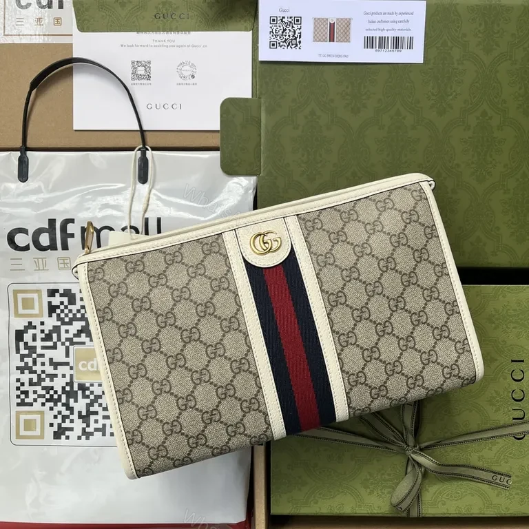 Beige GG Ophidia Wallet: Signature Web Leather Clutch — view 1