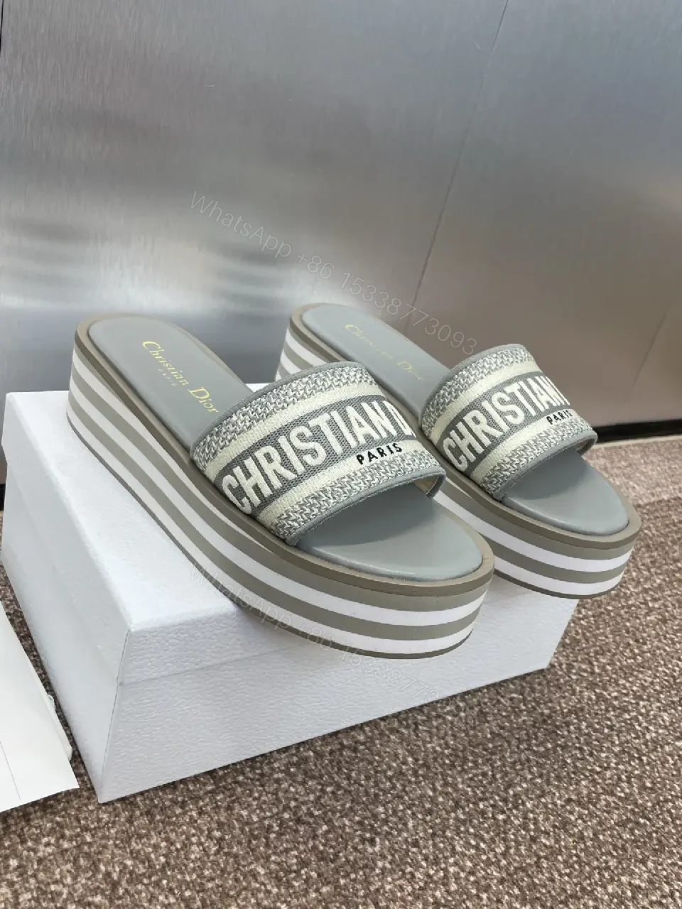 View 2 of Gray Leather Platform Glitter Straps Sandals