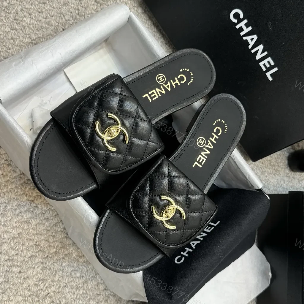 View 3 of Quilted Leather Slides with Gold Logo, Luxe Casual