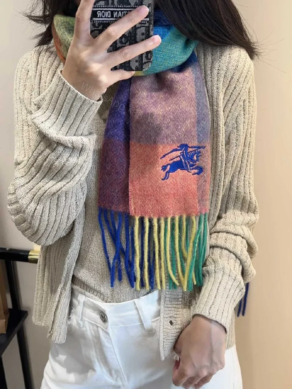 View 5 of Color-Block Luxury Scarf with Fringe Rich Knit