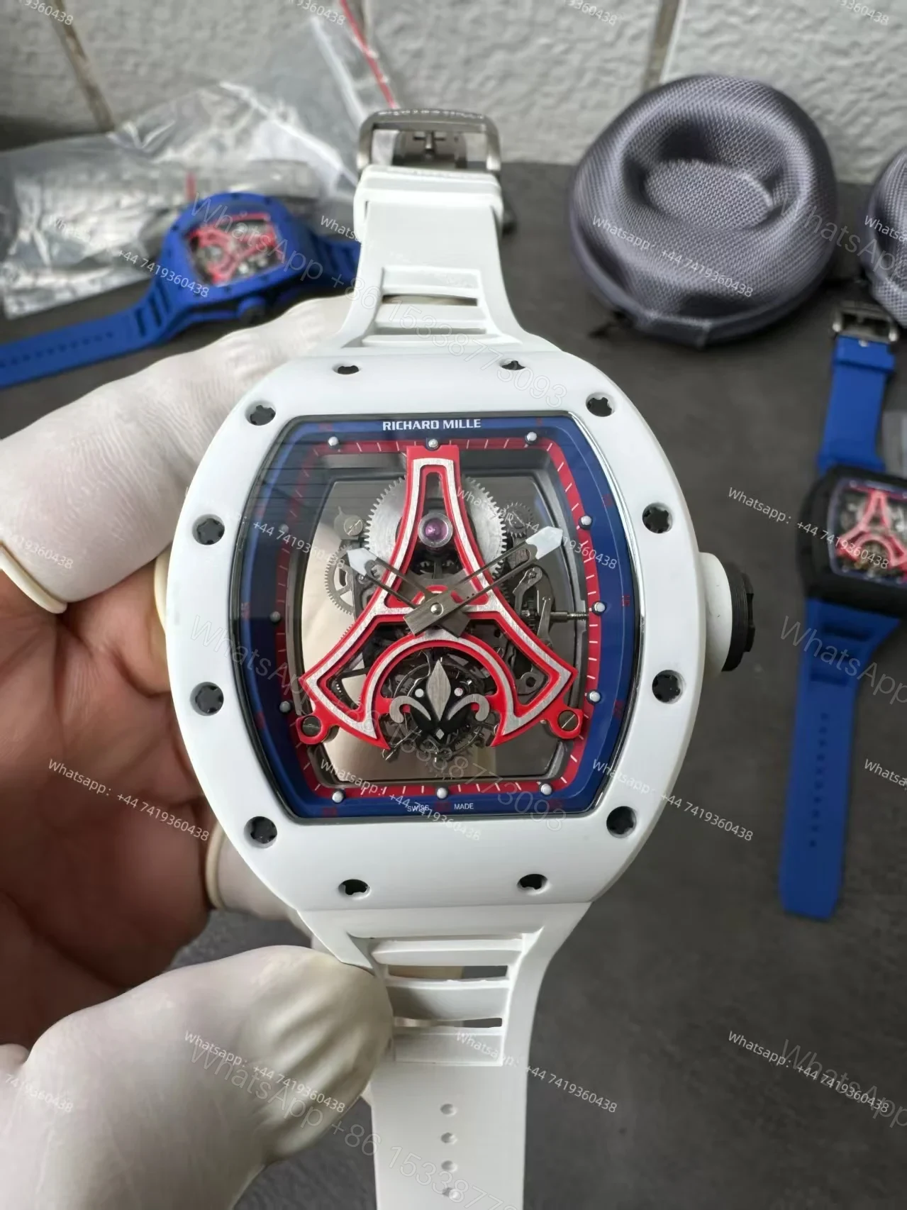 View 5 of Super Clone Richard Mille RM52-03 White Ceramic Paris Saint-Germain Skeleton Tourbillon 1:1 Replica Watch